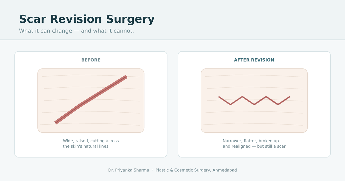 Diagram comparing a wide, raised scar before revision with a narrower, broken-up scar after revision